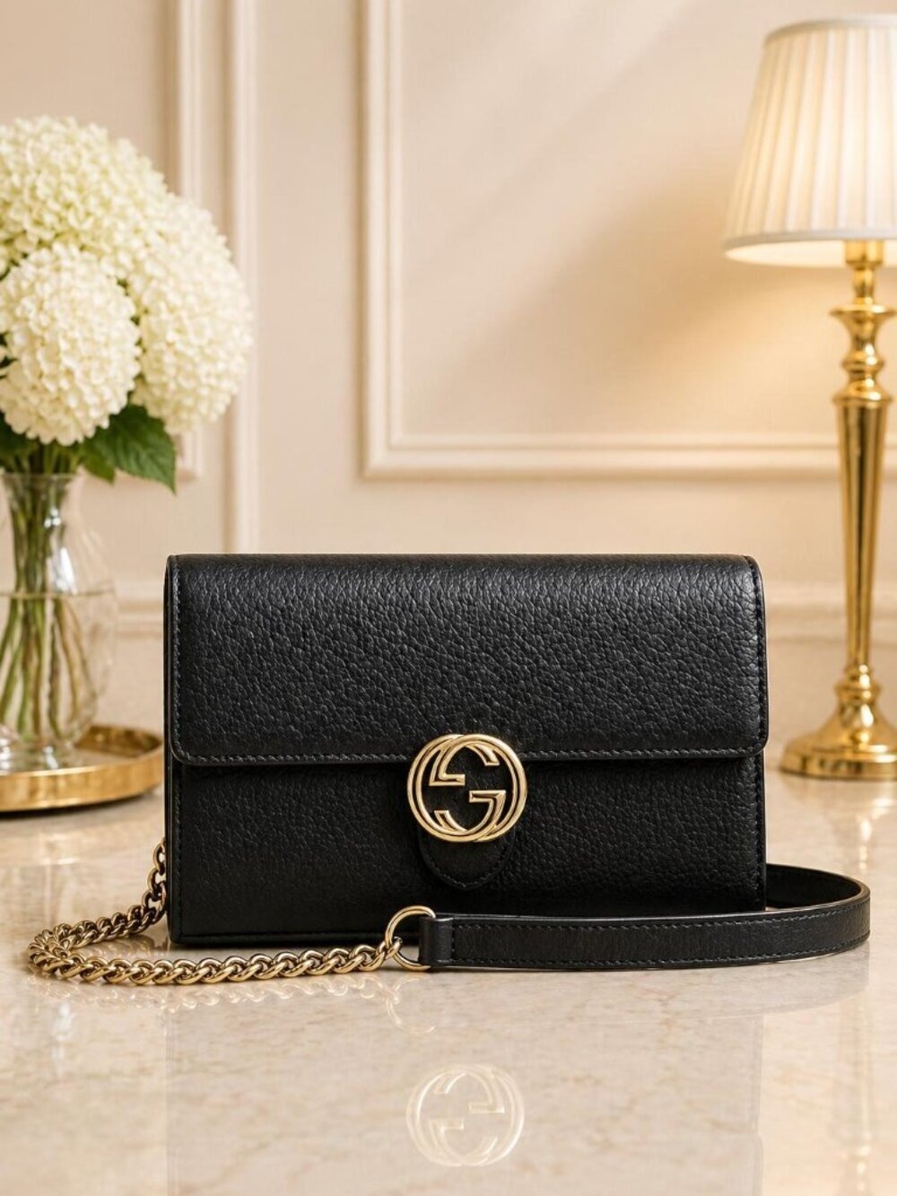 Authentic Gucci Soho Chain Crossbody Bag Black Pebbled Leather GG Logo LuxuryBag